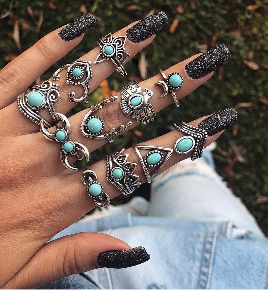 Vintage Bohemian Feather Turquoise Hollow 9 Piece Set Ring