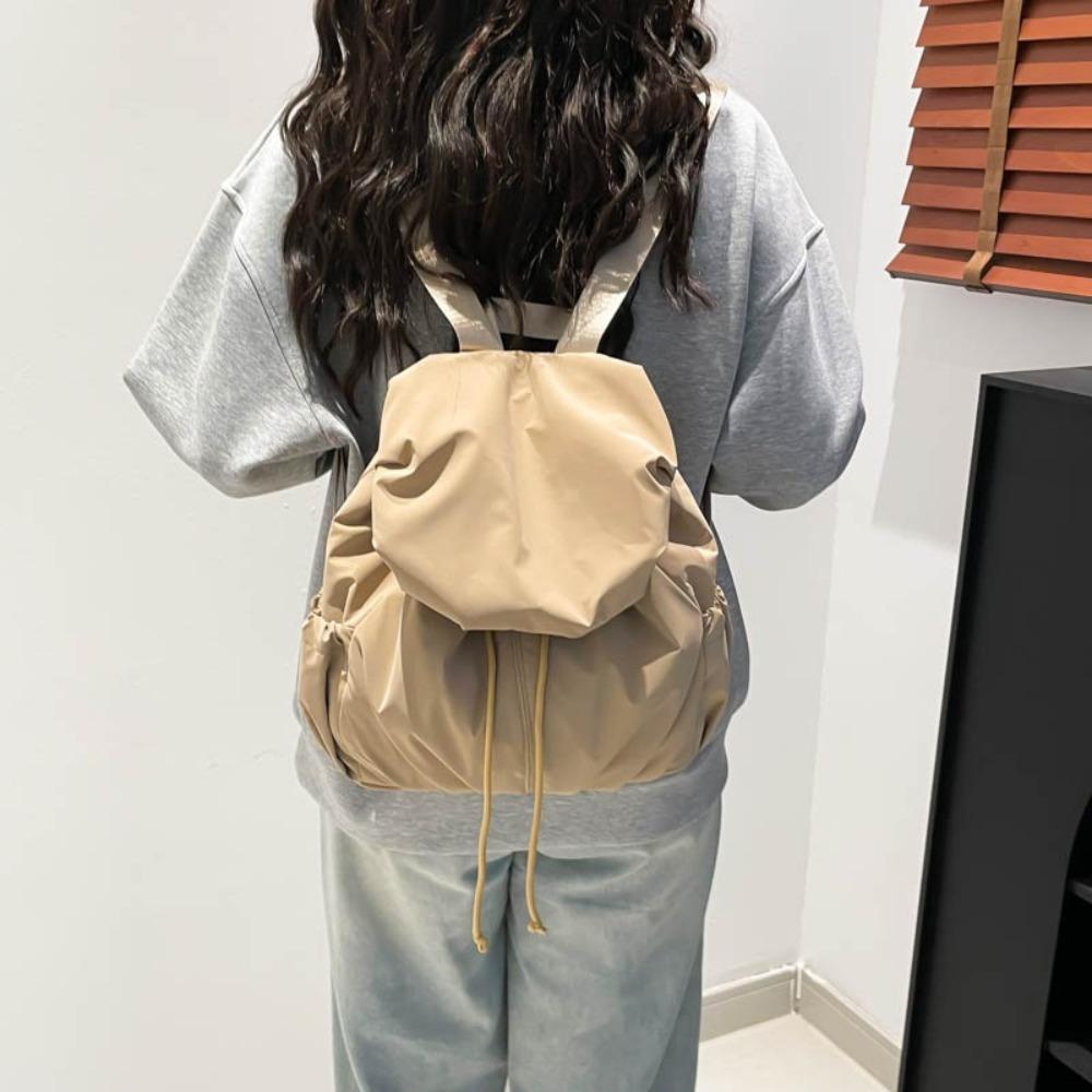 Pleated Nylon Backpack Solid Color Sports Shoulders Bag Casual Drawstring Backpack  College