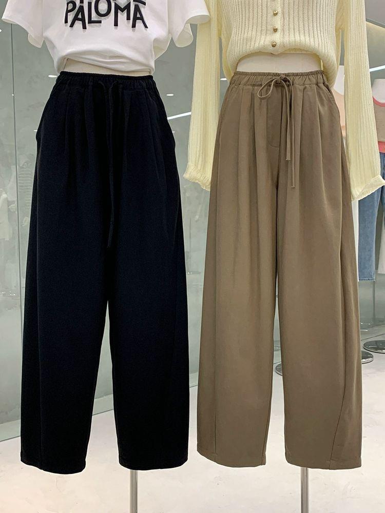 Plus Size Women's High Waist Wide Leg Pants - Spring Loose Fit with Elastic Lace-up Waist