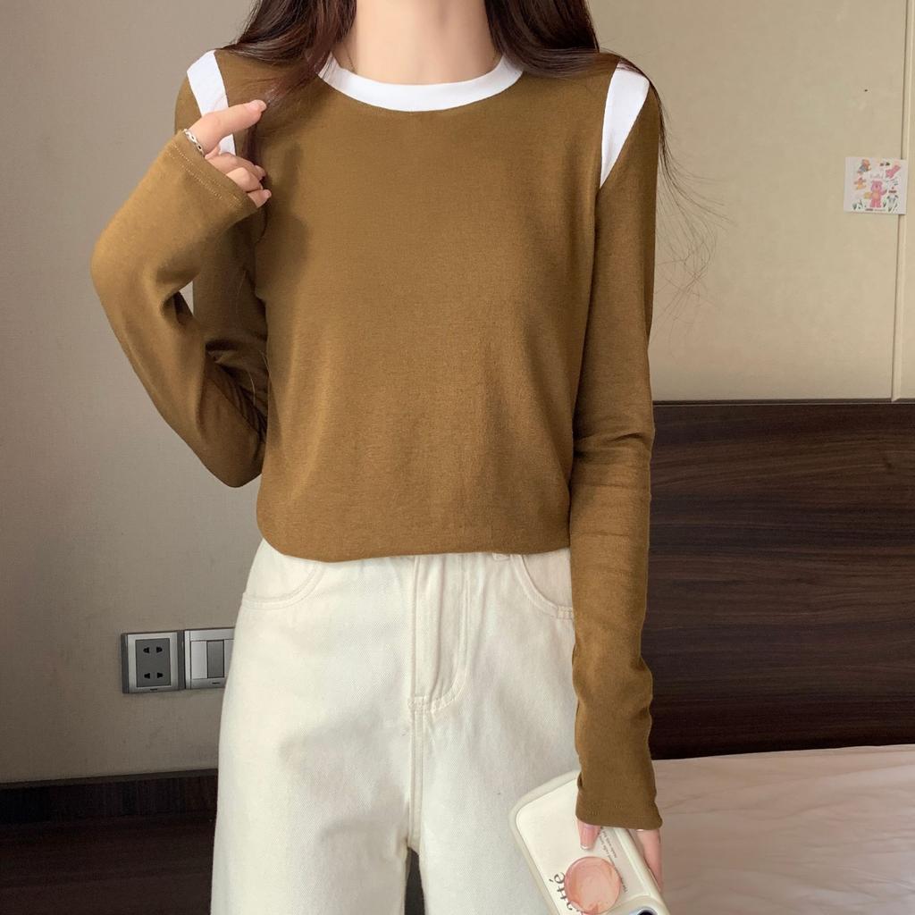 New Spring Base Shirt American Contrasting Slim and Slim Top Versatile Round Neck Loose Inner Sleeves