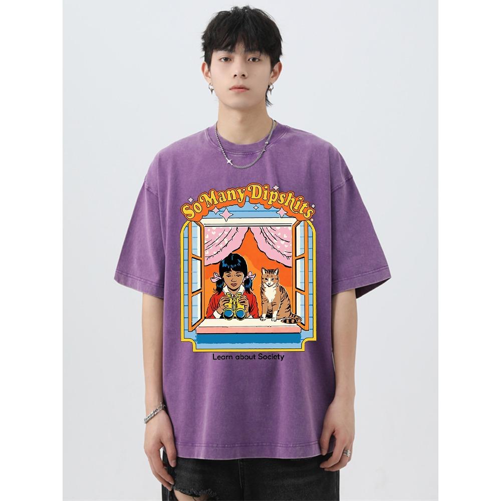 Carrying A Catlearn About Society Washed Retro Male Tops Summer Loose T-Shirt Cotton T-Shirt Clothes Casual T-Shirts