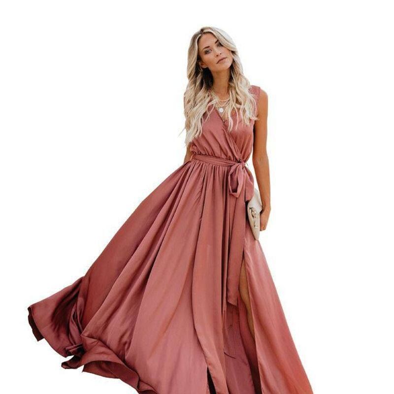2026 Cross-Border Plus-Size Women s New Bohemian Style Solid Color V-Neck Sleeveless High-Slit Plus-Size Long Dress Pink S