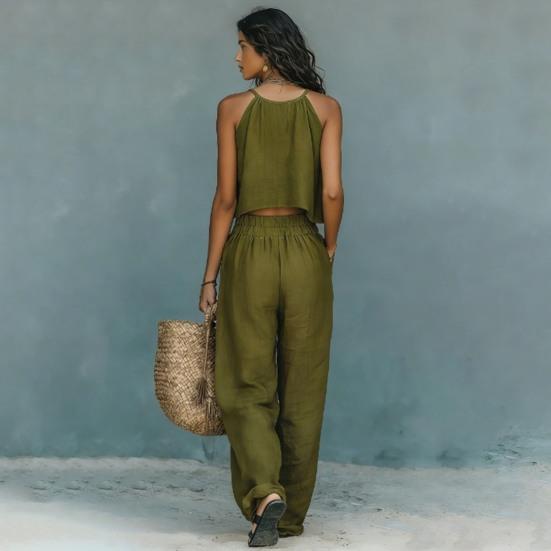 Completi da Donna 2 Pezzi Top Corto Senza Maniche e Pantaloni Lunghi a Gamba Larga Set Coordinati Casual Abbigliamento Estivo per Viaggi Vacanze Relax