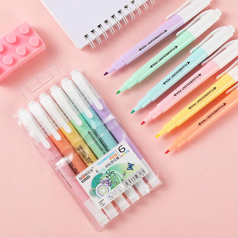6Pcs/Kit Double Head Fluorescent Highlighter Pen Markers Pastel Drawing Pen for Student School Office Supplies Adorable Stationery
