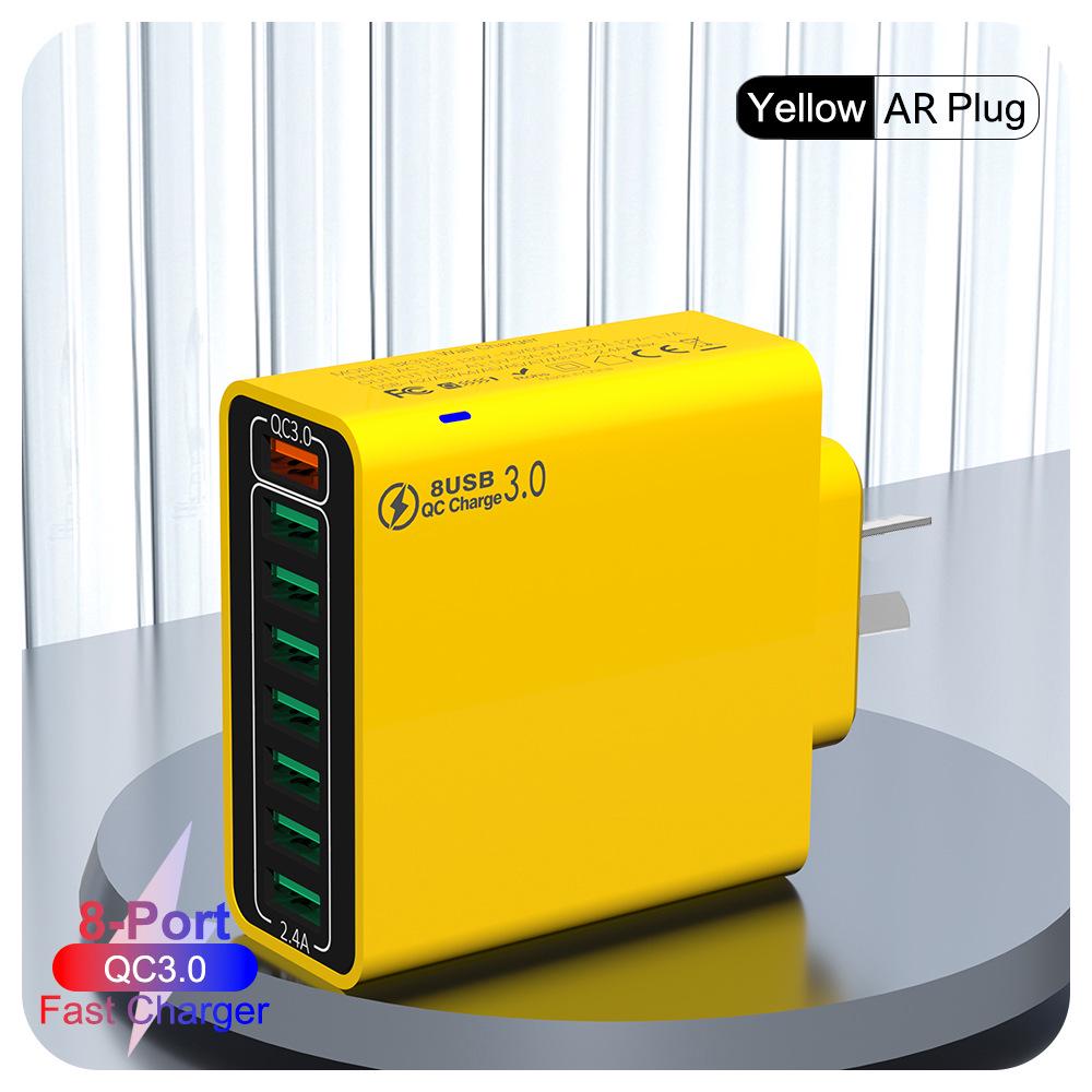 QC3.0 8-Port Multi-USB Fast Charger, 30W High Power, Compatible with US, EU, and Korean Specs, Colorful Design.