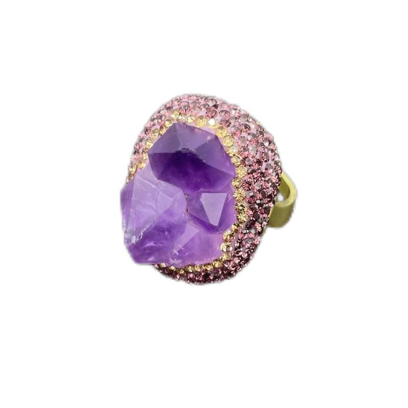 Niche Luxury Brazilian Amethyst Three-Piece Jewelry Set: Raw Stone Earrings, Ring & Necklace for Women