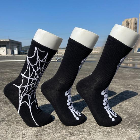 1 Pair Halloween Socks Spider Wet Skull Skeleton Print Color Matching High Elasticity Anti-slip Unisex Sport Sweat-Absorbent Basketball Long Stockings