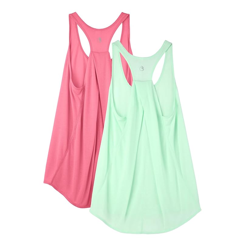 

[icyzone] tank top ladies workout tops loose ventilation soft lightweight racerback beach running Gym yoga shirt, 2 sets (light blue/velvet dust, L)