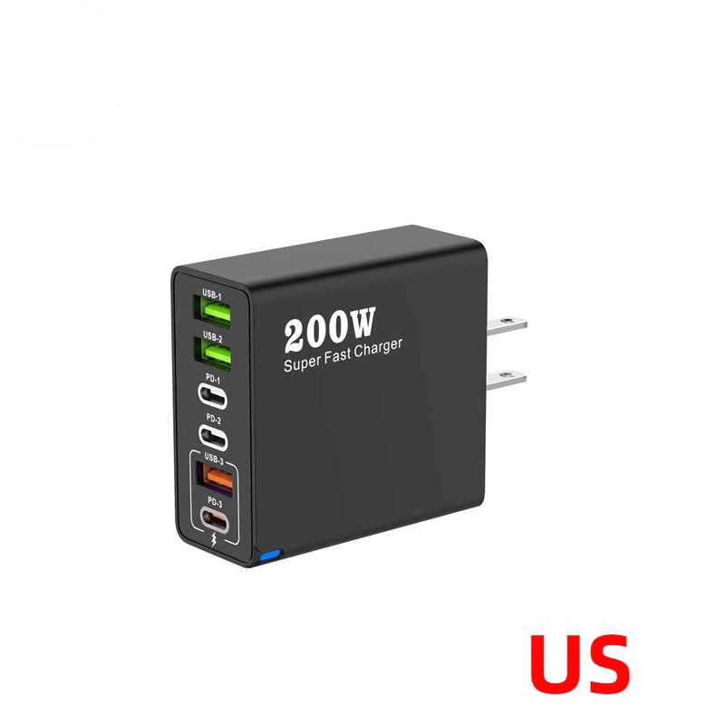 200W Super Fast Charging 6 Port USB C Charger PD3.0 USB C Type C Mobile Phone Charger For iPhone 16 Samsung Xiaomi Ipad Phone