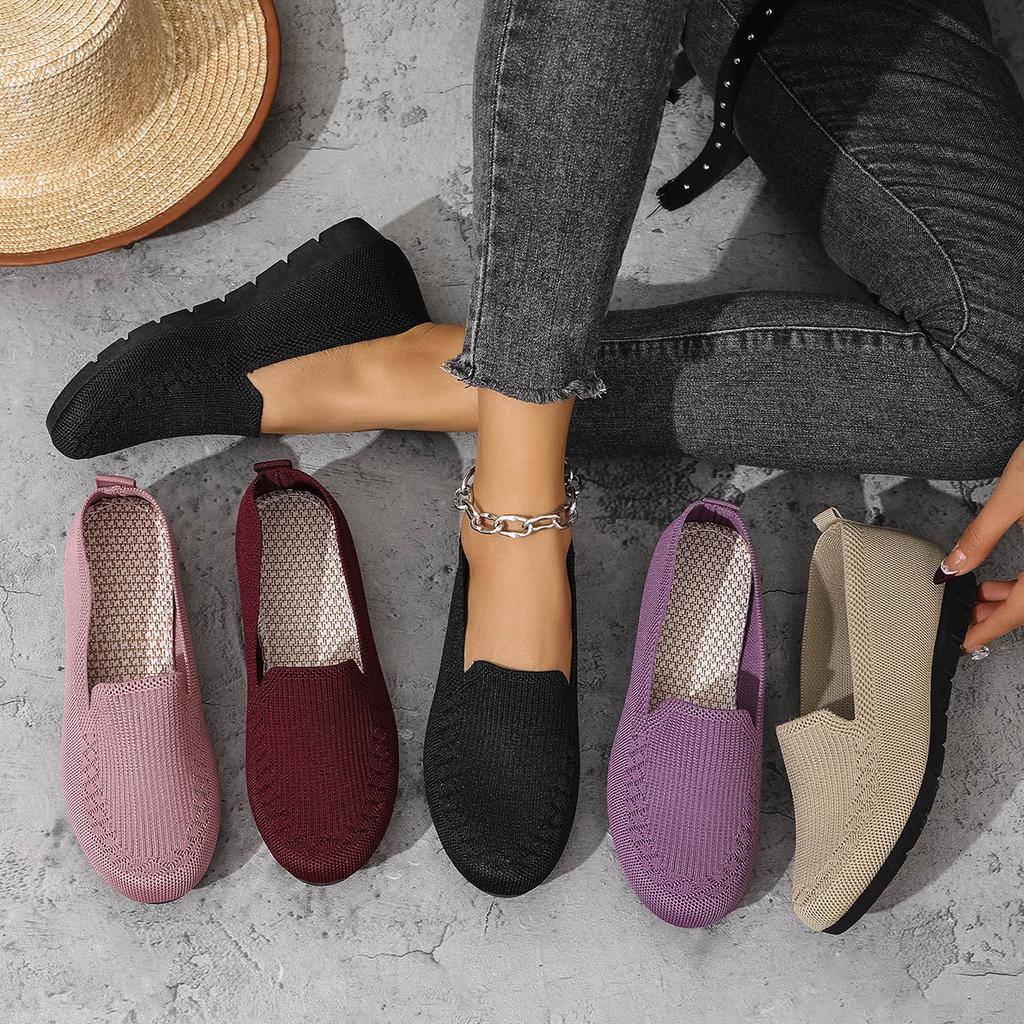Flat Bottomed Round Toe Knitted Shoes, Women's Solid Color One Foot Walking Mesh Shoes, Breathable Daily Shoes