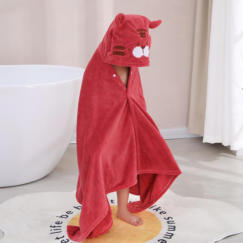Children's Hooded Coral Fleece Bath Towel - Soft, Absorbent, Cartoon Design