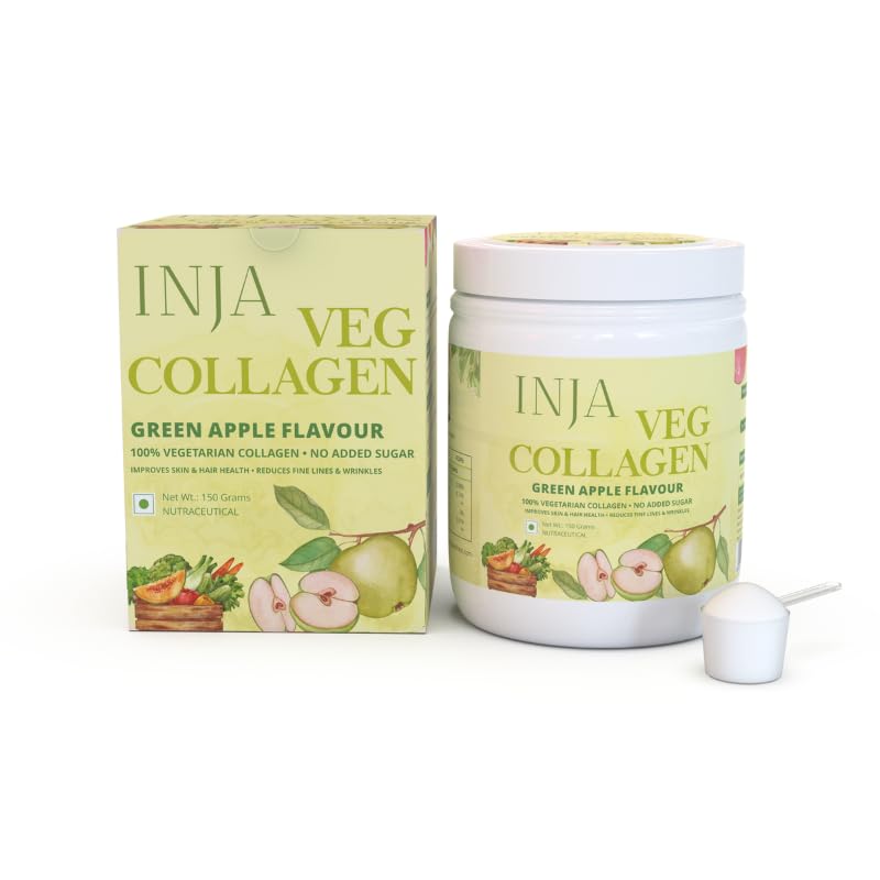 INJA Wellness Veg Collagen Supplement Powder 100% Vegetarian, No Added Sugar, Improves Skin and Hair Health, Green Apple Flavour, 150g