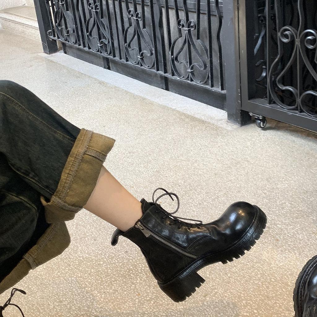 Cowhide Version~ Grape Mother Leather Shrink-grain Horse Leather Lace-up Thick Heel Thick-soled Martin Short Boots Women's British Style Short Bo