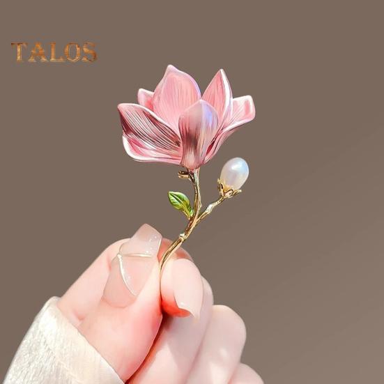 Magnolia Flower Brooch for Women Artificial Flower Pins Faux Pearl Enamel Badges Lapel Pins for Jackets Dresses Coats Accessories