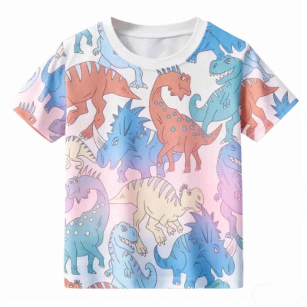 Fashion Kids T-shirt Cartoon Dinosaur Colorful 3D Print Kids Short Sleeves T-Shirt Loose Casual Summer Outdoor Boy and Girl Tees Tops