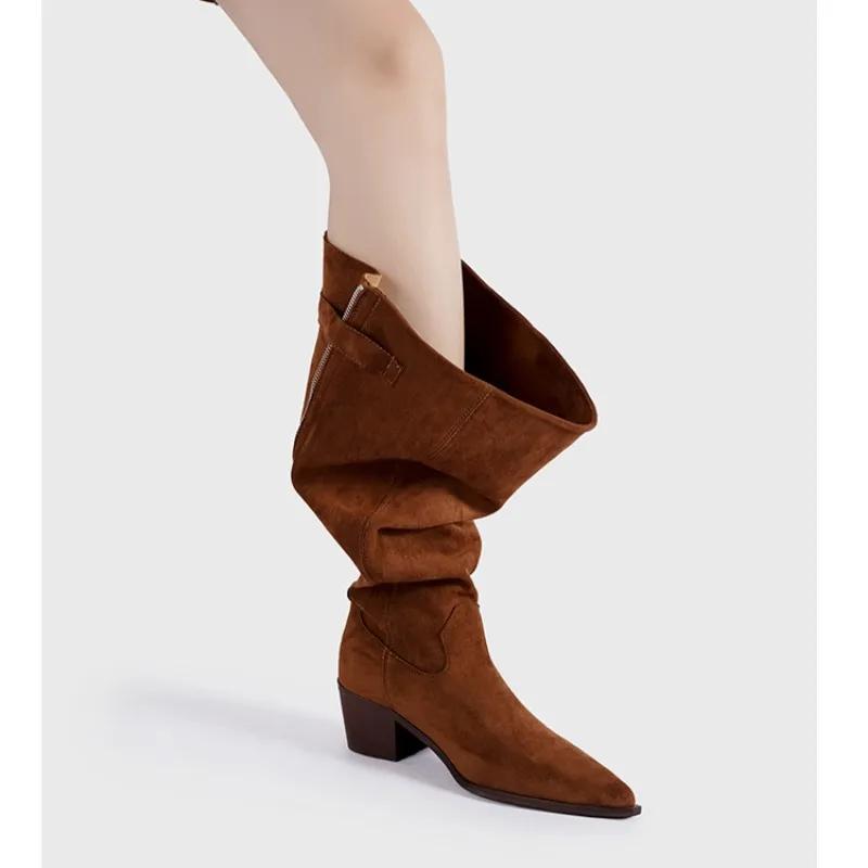 Fashion Personalized Design Back Zipper Pointed Low Heel Lazy Pleated Boots European American Retro Western Cowboy Thick Heeled Boots