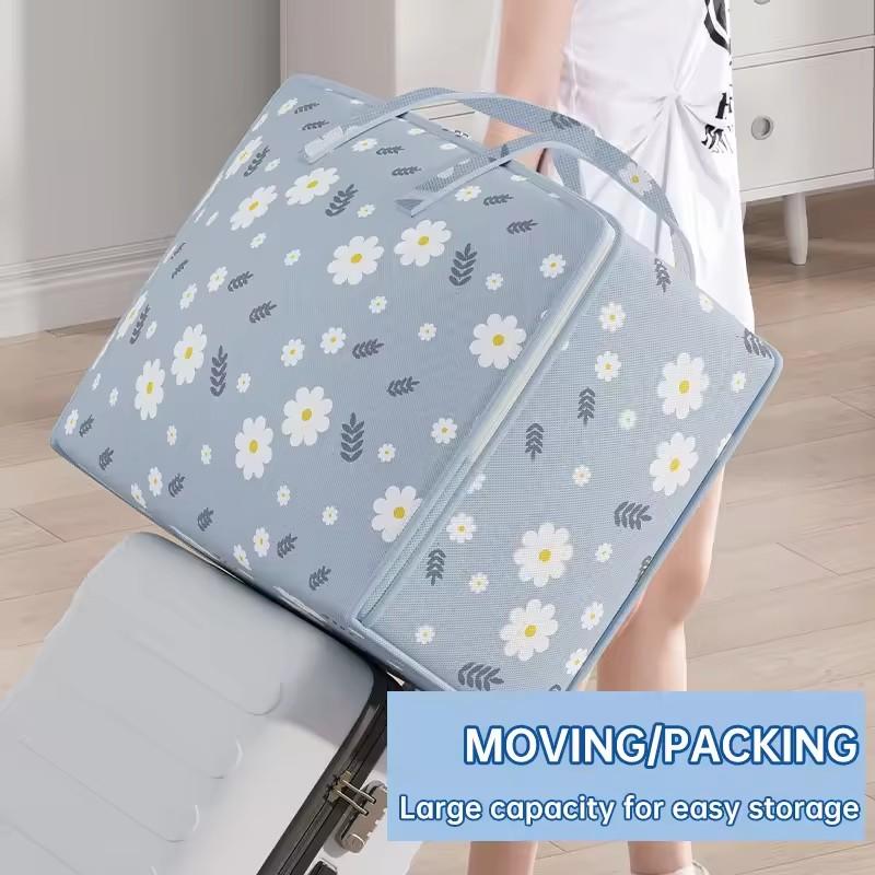 1pc Print Zipper Quilt Storage Bag Zipper Large Capacity Packing Bag Double Handle Moisture-proof Clothes Quilt Storage Bag