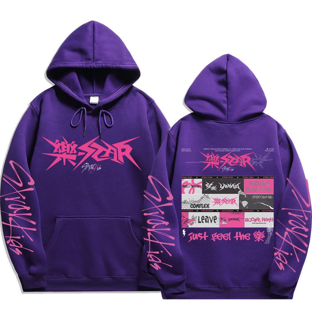 Stray Kids Pullover Hoodie Front Pink Punk Logo Vintage Punk Graphic Song Titles Just Feel Drawstring Hood Oversized Unisex K‑Pop Streetwear Fan Merch