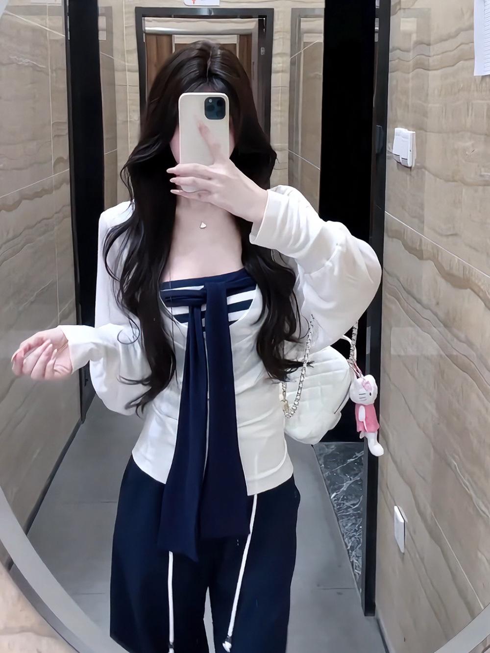 

Корейский стиль ранняя осень двойка: Топ без бретелей на шнуровке и накидка с длинными рукавами Medium