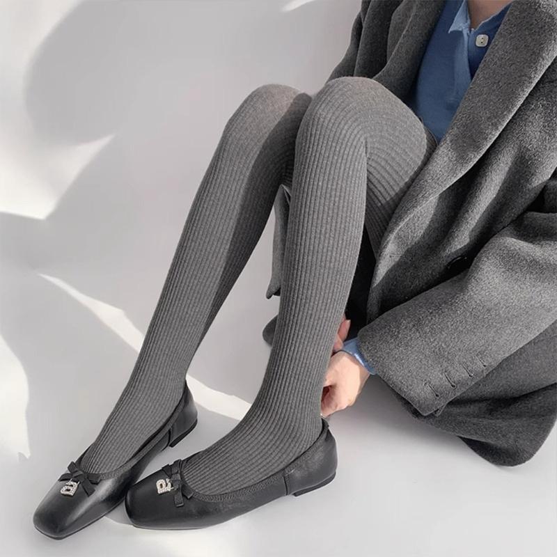 Women Vintage Slim Stockings Solid Color Thicken Ribbed Striped Pantyhose Tights