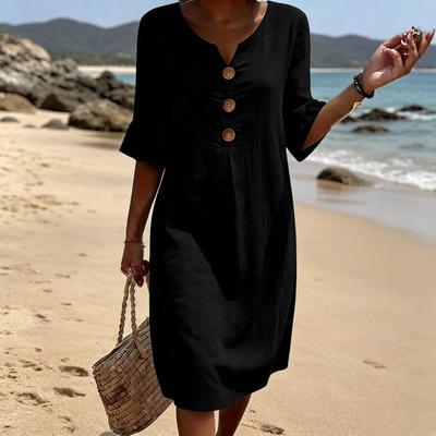 Sommerkleid aus Baumwollleinen für Damen, lässiges Rüschenkleid mit kurzen Ärmeln, Midi-Länge, Knopfleiste, Rundhalsausschnitt, Strandkleid