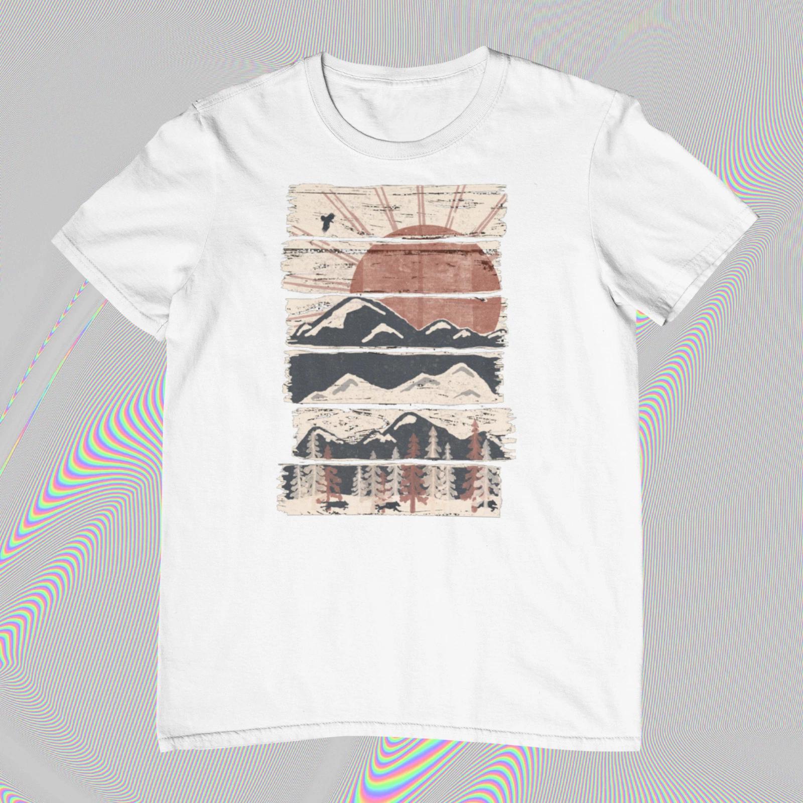 Japanese Style Nature Mountains Sun Printed Cotton  Unisex T-Shirt Top Tee 150