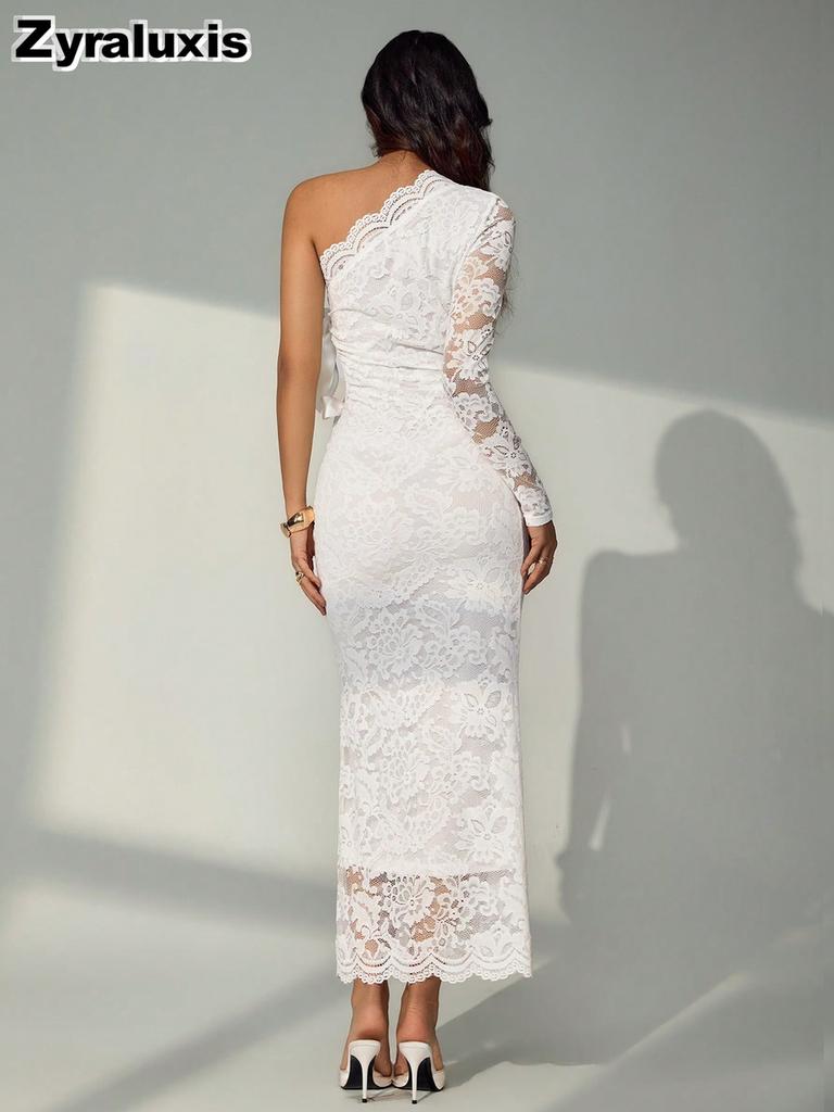 Oversized Lace Hollow Asymmetric Off-Shoulder Bodycon Long Dress Evening Gown
