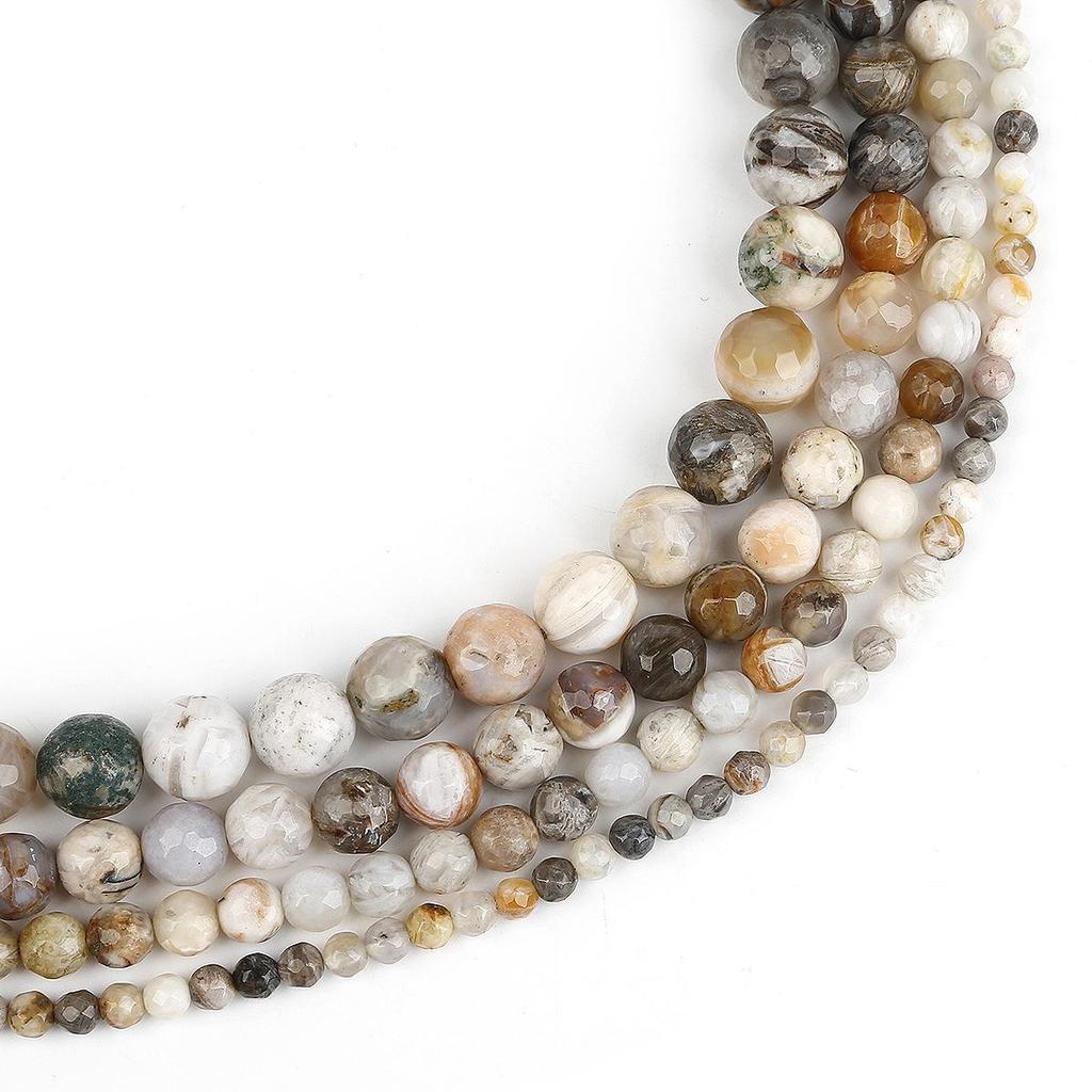 4-10mm/38-93Pcs Přírodní kulatý bambusový listový achát Fasetové kamenné korálky pro vlastní výrobu šperků