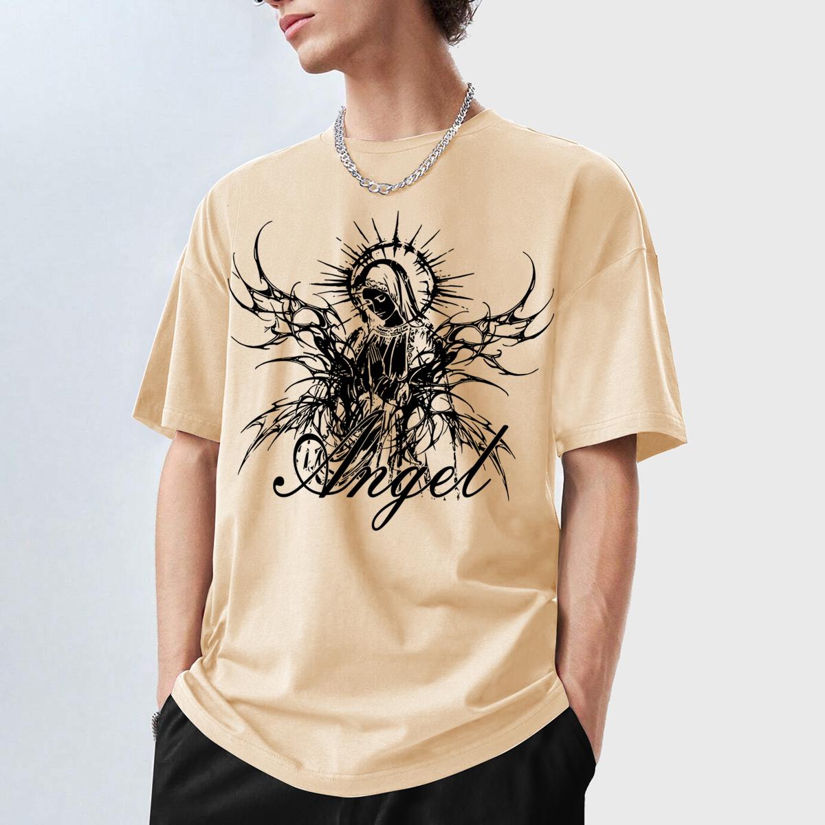 Gothic Angel Print Oversized Short-Sleeve Top, Men s Short-Sleeve T-Shirt L бежевый