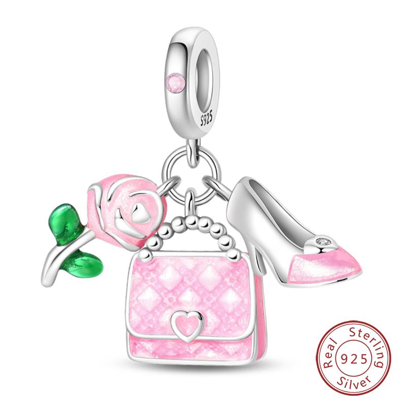 Fit 925 Silver Charms Beads Little Bear Lamb Little Flying Pig Pink Charms For Women DIY Birthday Jewelry Gift
