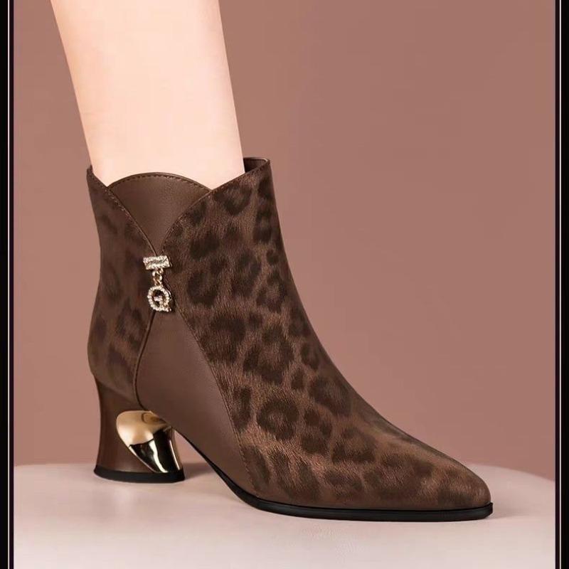 Autumn and Winter New Suede Leopard Print Wind Side Zipper Short Tube Mother Women's Boots High Heel Martin Boots Women's