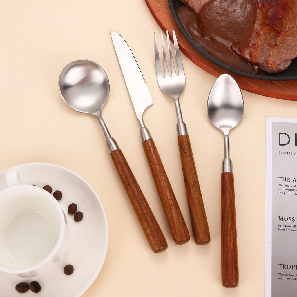 Solid wood handle western knife, fork and spoon set 304 stainless steel Japanese fork and spoon dessert spoon imitation rosewood tableware