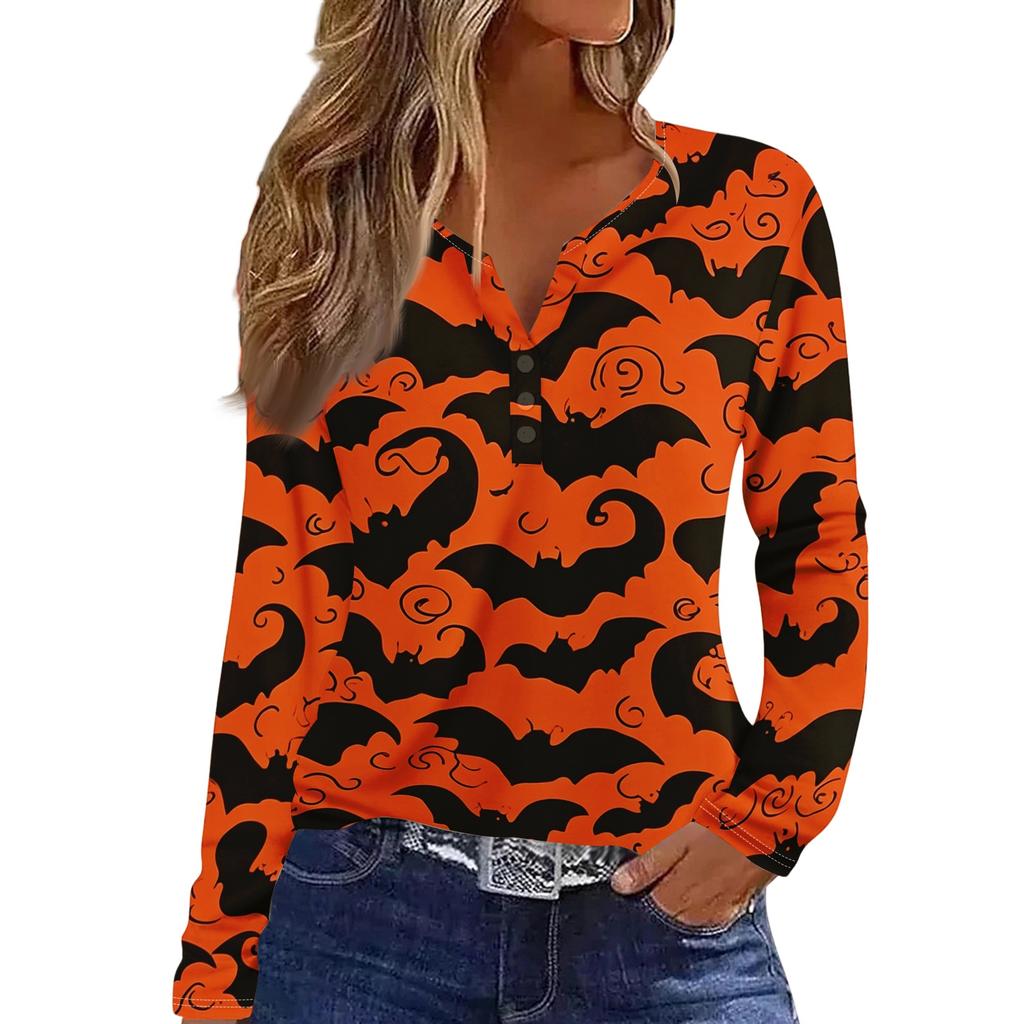 Women's Fashion Casual Halloween Printed V-Neck Button Trim Long Sleeve T-Shirt Top