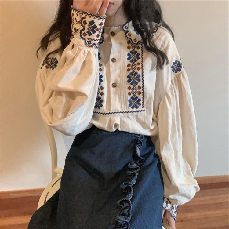 Retro Embroidered Denim Shirt & Lace Asymmetrical Fishtail Skirt Set for Spring & Autumn