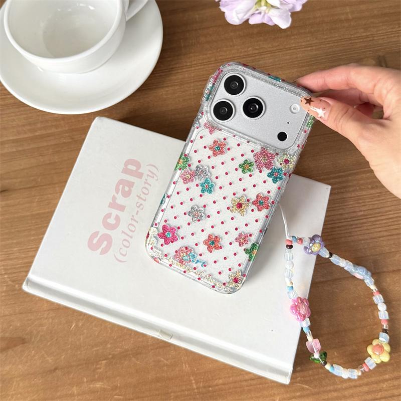 Soft Pink Flower Polka Dot Glitter Clear Case With Wrist Strap For iPhone 15 16 17 Pro Max INS Kawaii Shockproof Cover