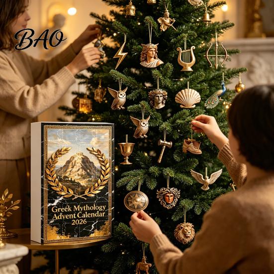 Vintage Style Hanging Charms Greek Myth Advent Calendar, 24Pcs Acrylic 2D Ornament Set with Christmas Decorative Collectibles Gold Tone, Tree