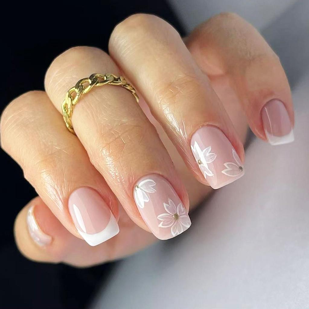 24 Piezas de Uñas Postizas a Presión Estilo Francés Floral Cuadradas Cortas para Punta de Dedo Elegante con Acabado Brillante
