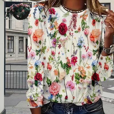 Top per donna, maglietta a maniche lunghe con scollo rotondo e stampa di bellissime rose, pullover casual sottile autunnale, top a maniche lunghe da donna