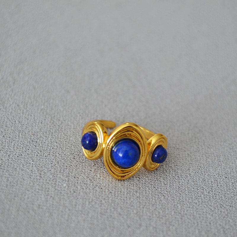 Retro European & American Brass Gold-Plated Ring with Inlaid Agate & Lapis Lazuli Stones for Women