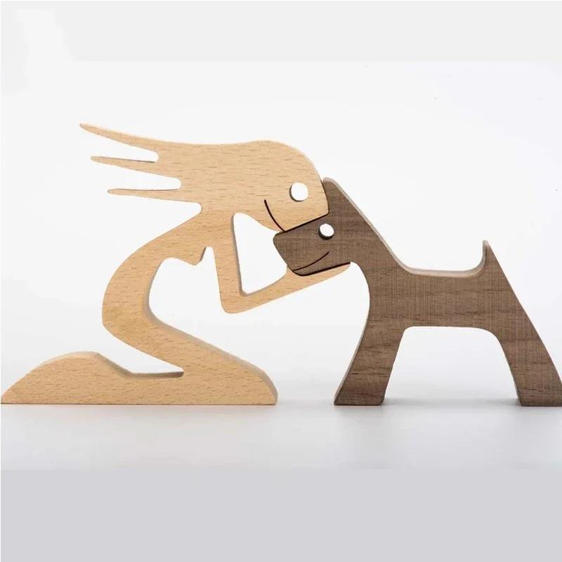 Famiglia Cucciolo Legno Cane Artigianato Figurina Regalo di San Valentino Modello di Intaglio Decorazione per Casa Ufficio Regalo di Natale Decorazione per Coppia