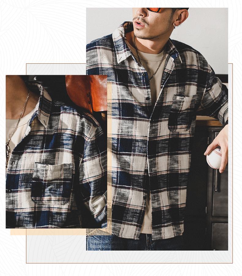 Men's Retro Loose-Fit Plaid Shirt: Heavy, Long Sleeve, Trendy Japanese Style Autumn Jacket