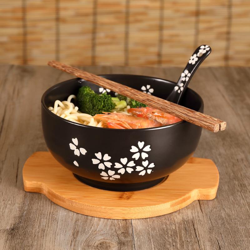 Ceramic Japanese Style Rice Noodle Bowl with Lid Spoon Chopstick Kitchen Tableware Salad Soup Bowl Food Kitchen Accessories Gift