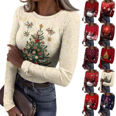 Women's  Slim Bottom T-shirt Fashion Casual Gradient Printing Round Neck Pullover Long Sleeve Top