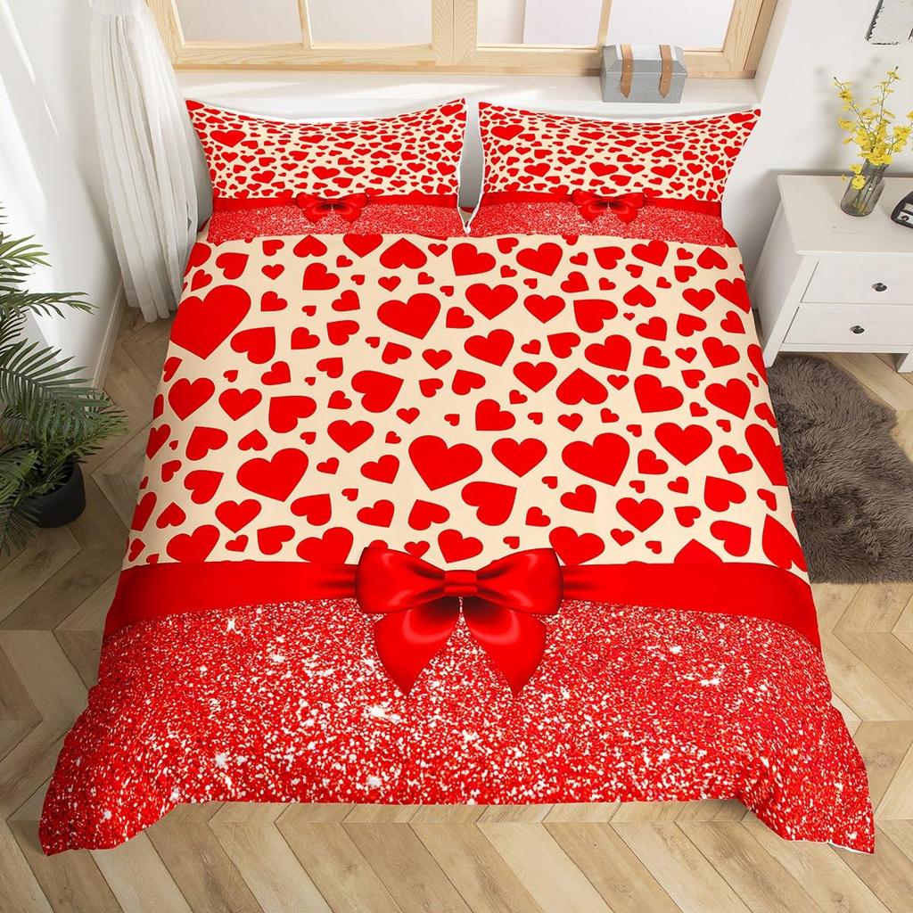 Red Love Heart Duvet Cover For Couples,Bow Romantic Bedding Set Valentines Day Loving Hearts Quilt Cover Wedding Comforter Cover
