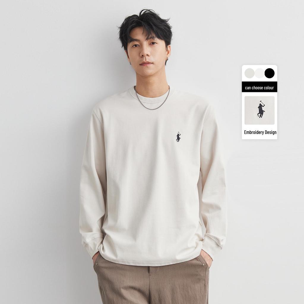 Yizhi Fashion Men's Embroidered Solid Color Round Neck Long Sleeve T-Shirt - Spring/Autumn 2025 Collection