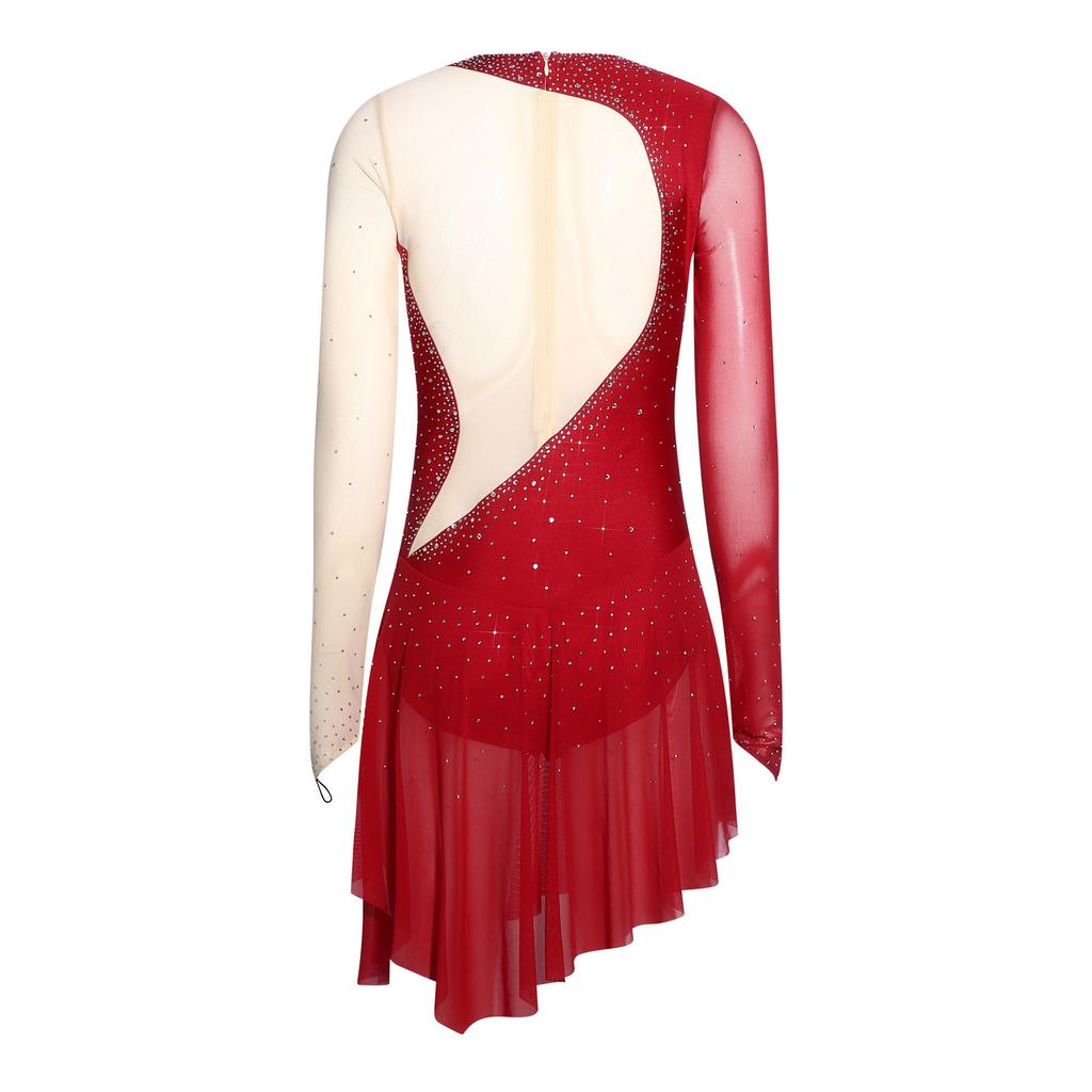 Women's Gymnastics Figure Skating Bodysuit S-XXL: Rhinestone Color Block Mesh Long Sleeve Chest Pleats Jumpsuit with Buttoned Crotch