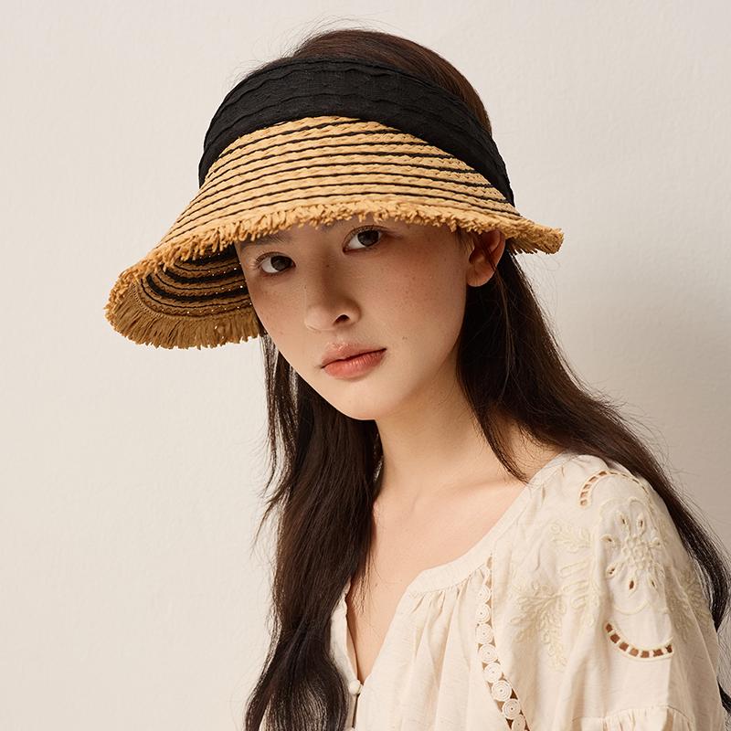 Zealous Sole Women's Coffee Handmade Raffia Sun Visor Foldable Wide Brim Beach Hat Frayed Edge Striped Straw Hat Uv Protection Ponytail Friendly Cap 56-58Cm