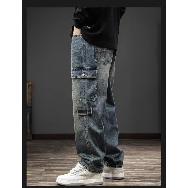 JYL Men s Cargo Pants Spring American Elastic Waist Wide-Leg Denim S