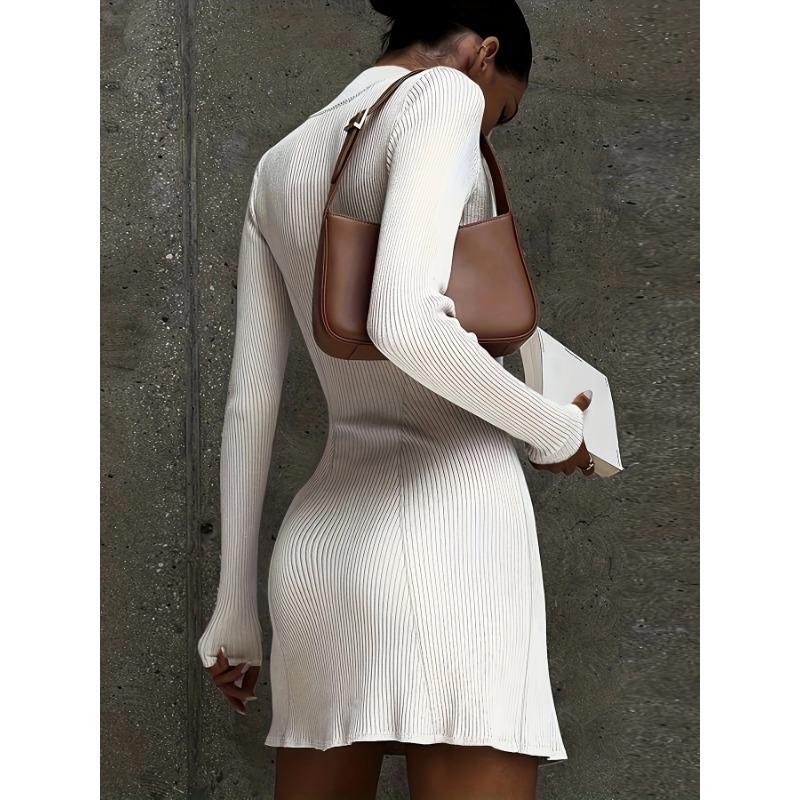 Spring and Autumn Women's Dresses Striped Knit Long Sleeve Half High Neck Dress