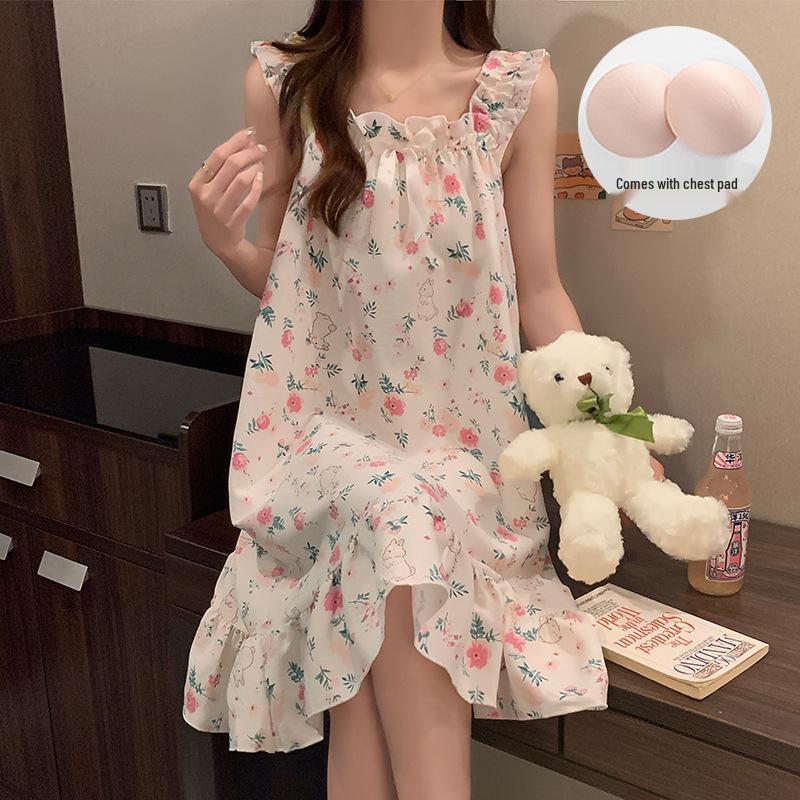 Süßes Mädchenhaftes Prinzessinnen-Nachthemd mit Brustpolstern - Lockerer Umstandssommerpyjama